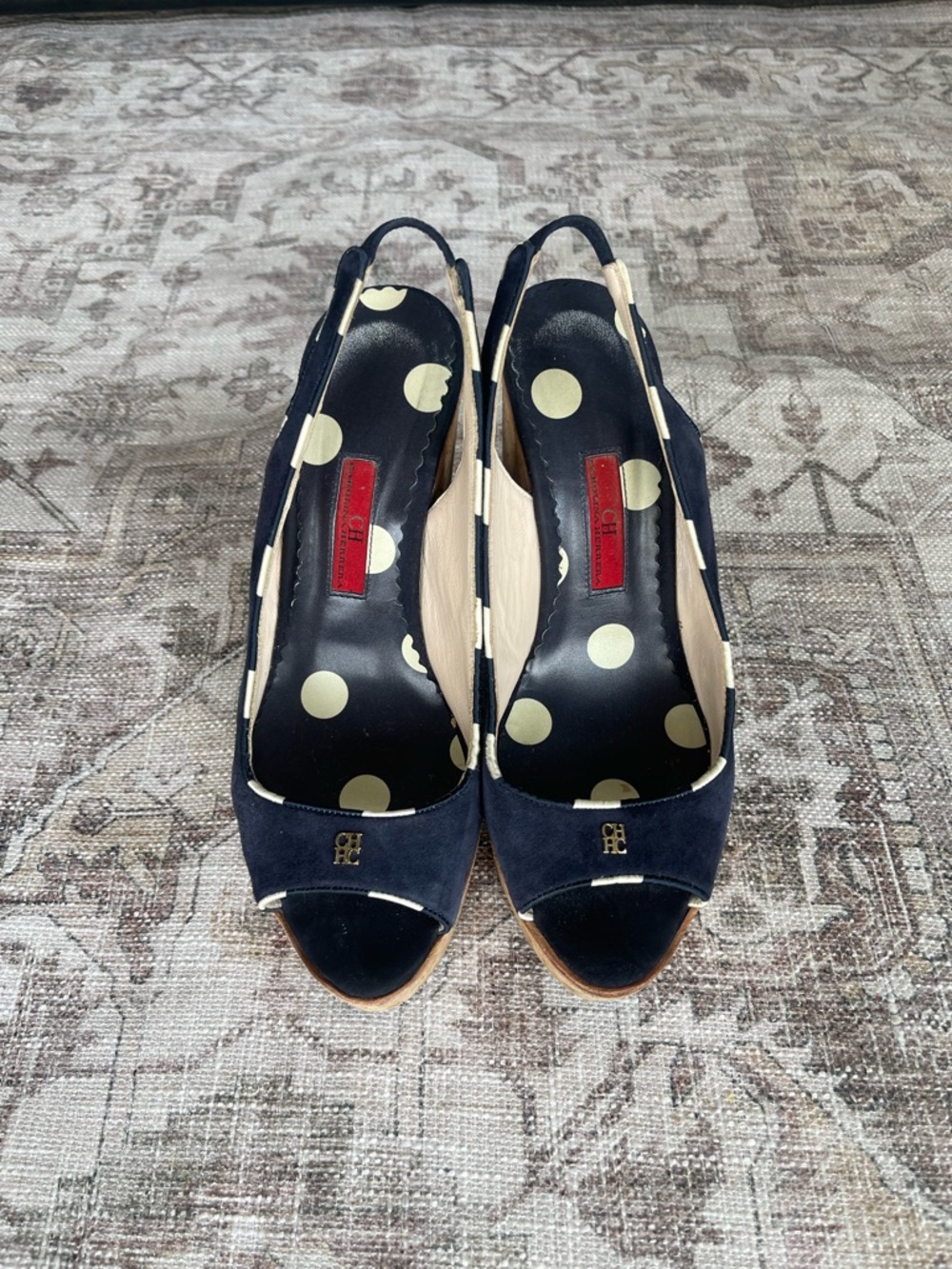 Carolina Herrera Navy Open Peep-Toe Slingback Wedge Sandals